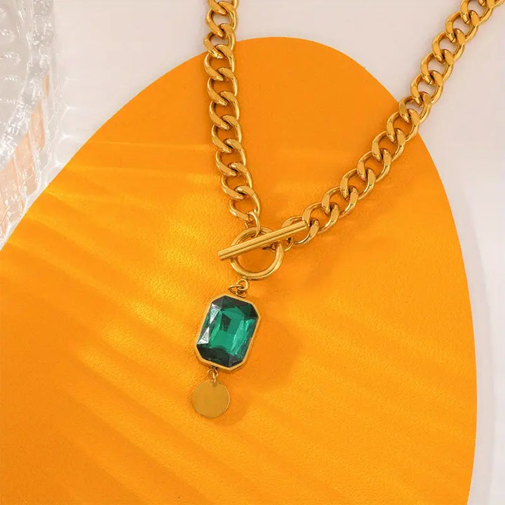 Chunky Chain Emerald Pendant Necklace | Gold
