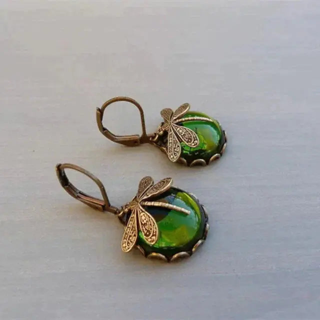 Spherical Dragonfly Earrings In Antique Gold