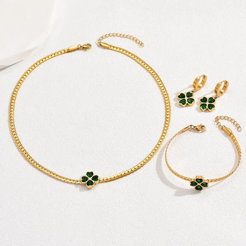 Emerald Four Leaf Clover Necklace, Bracelet, and Earring Set
