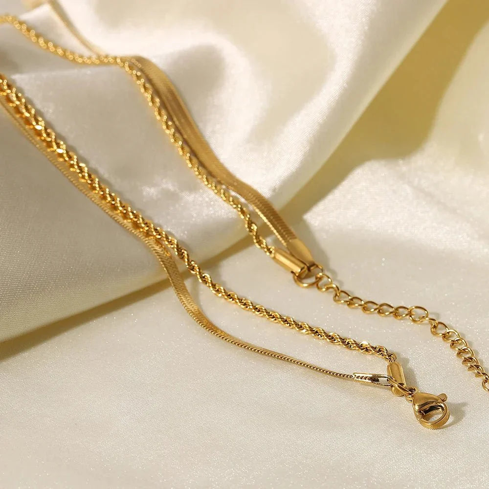 18K Layered Herringbone and Rope Chain Necklace