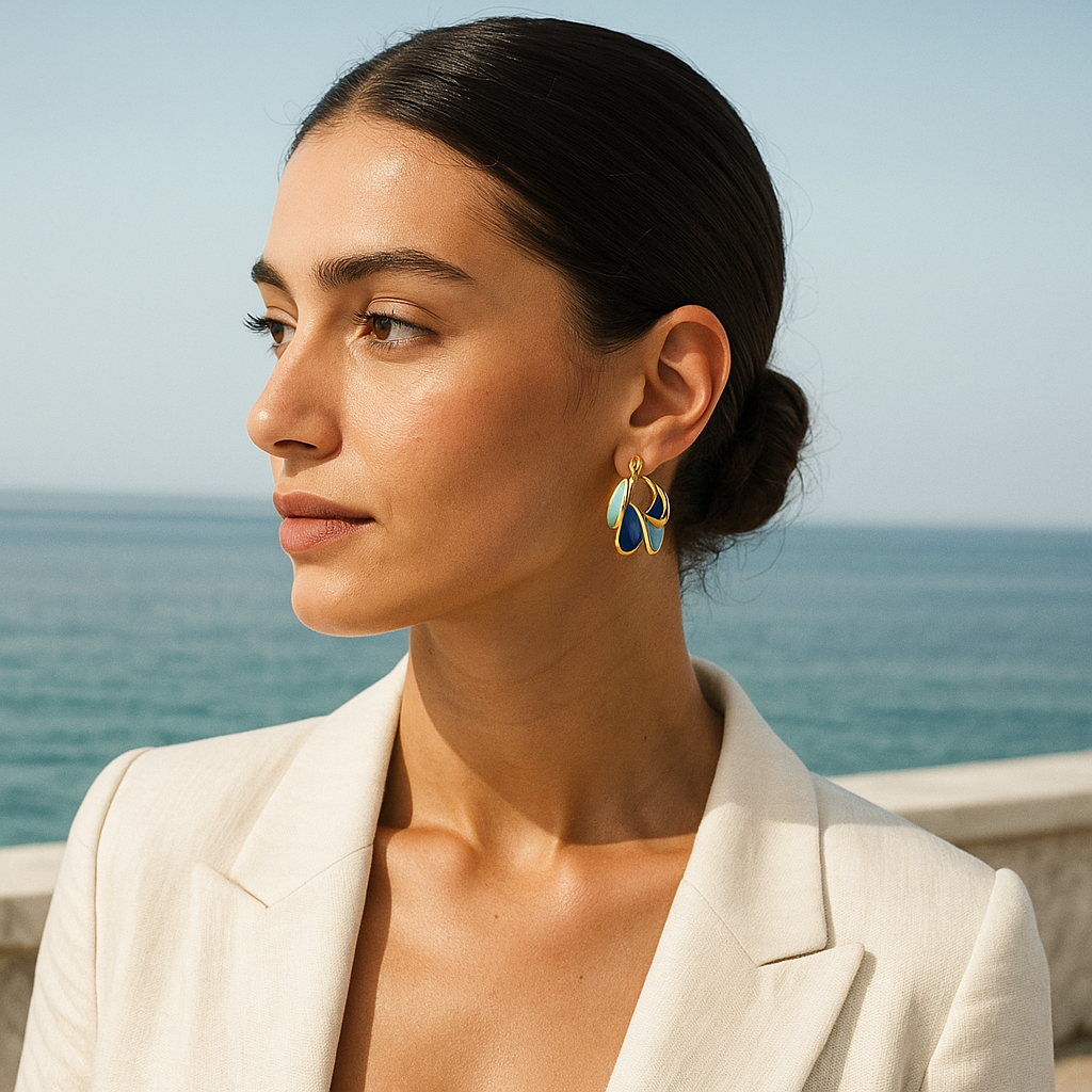 Gold Blue Wave Enamel Hoop Earrings