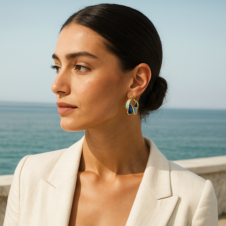 Gold Blue Wave Enamel Hoop Earrings