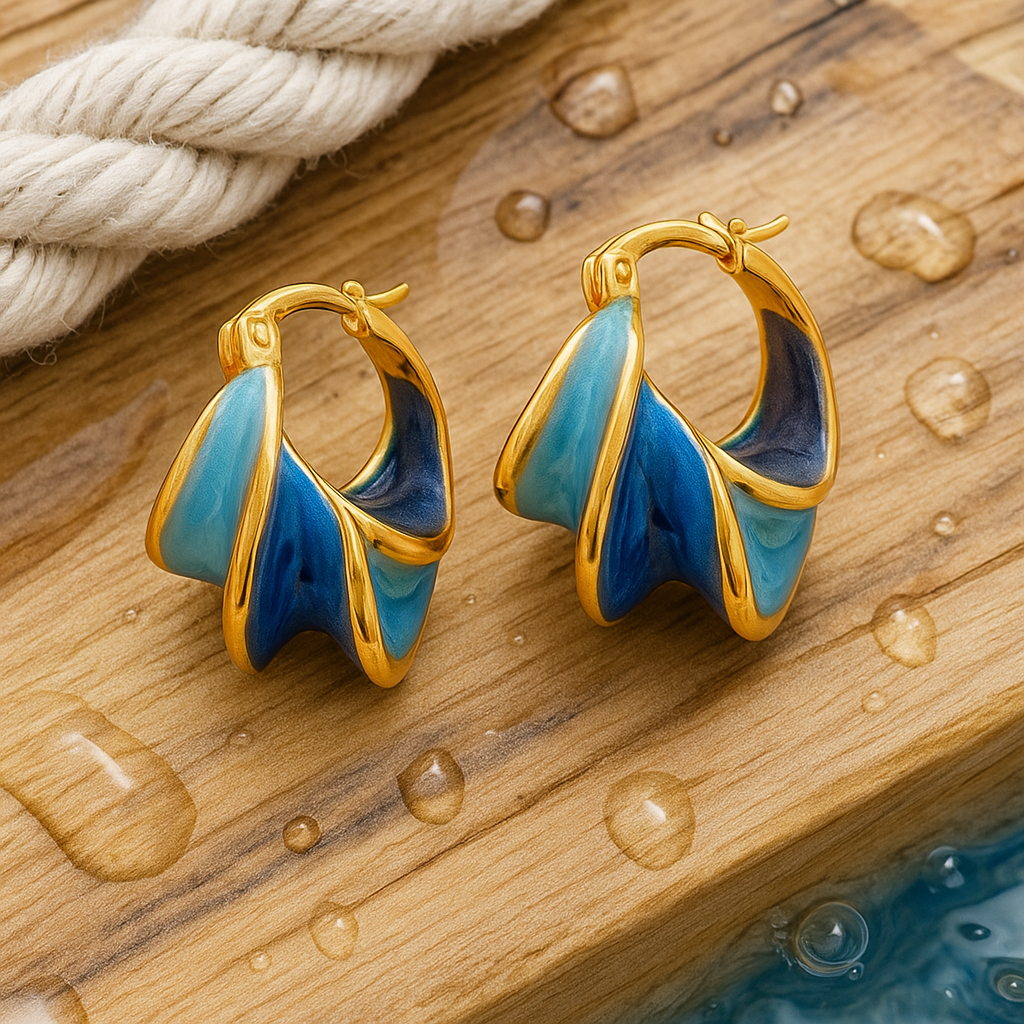 Gold Blue Wave Enamel Hoop Earrings