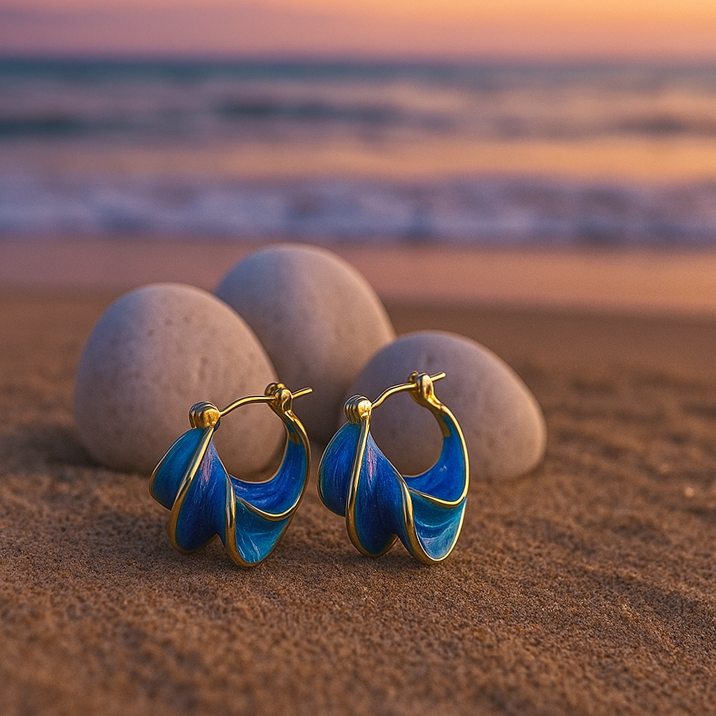 Gold Blue Wave Enamel Hoop Earrings