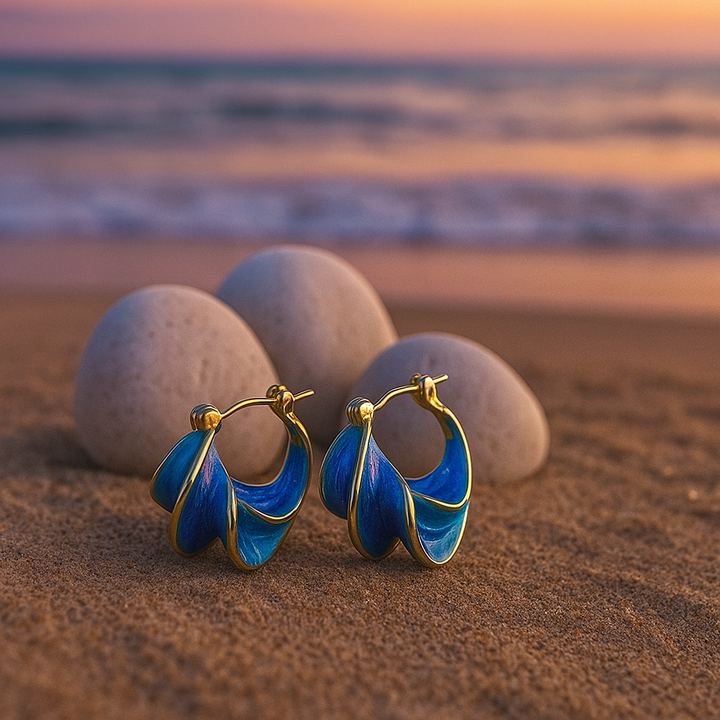 Gold Blue Wave Enamel Hoop Earrings