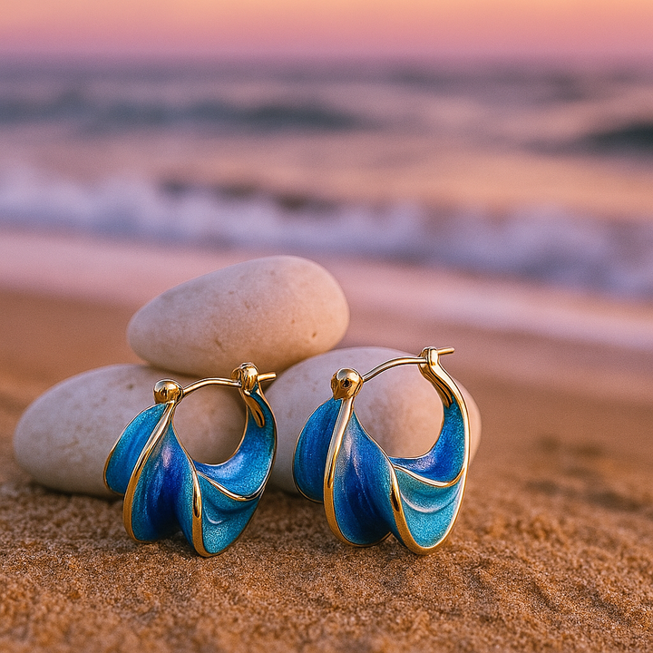 Gold Blue Wave Enamel Hoop Earrings