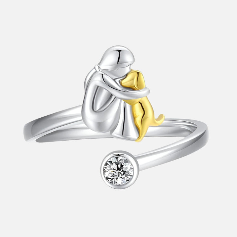 "Forever in Your Heart" Dog Hug 925 Sterling Silver with Zirconia – Adjustable Ring