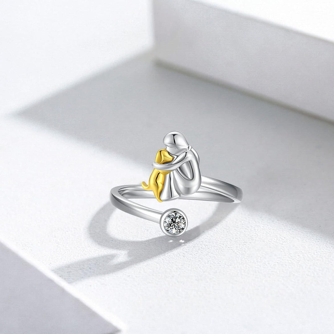 "Forever in Your Heart" Dog Hug 925 Sterling Silver with Zirconia – Adjustable Ring