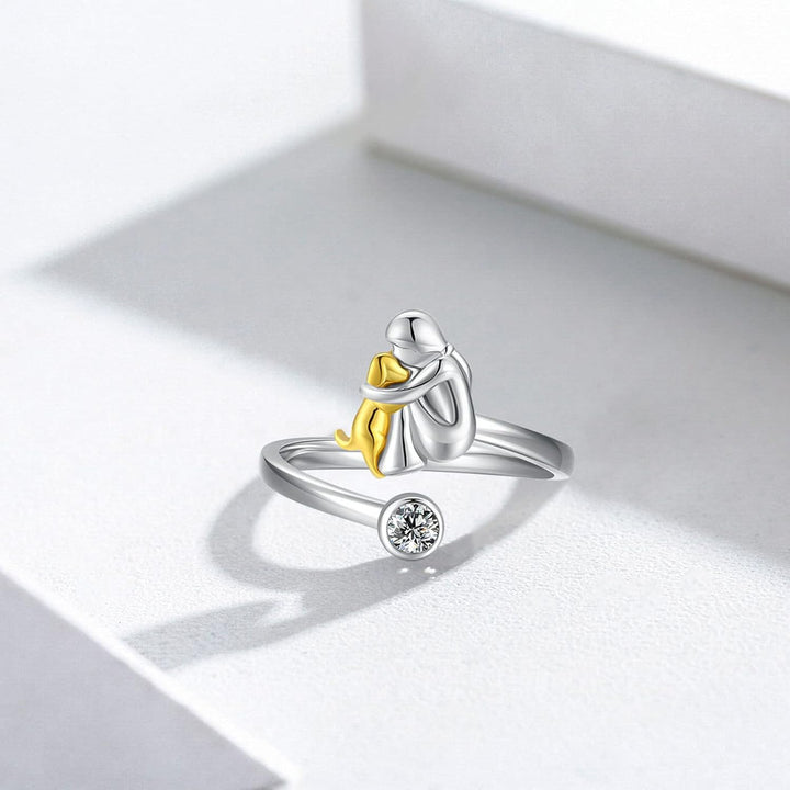 "Forever in Your Heart" Dog Hug 925 Sterling Silver with Zirconia – Adjustable Ring