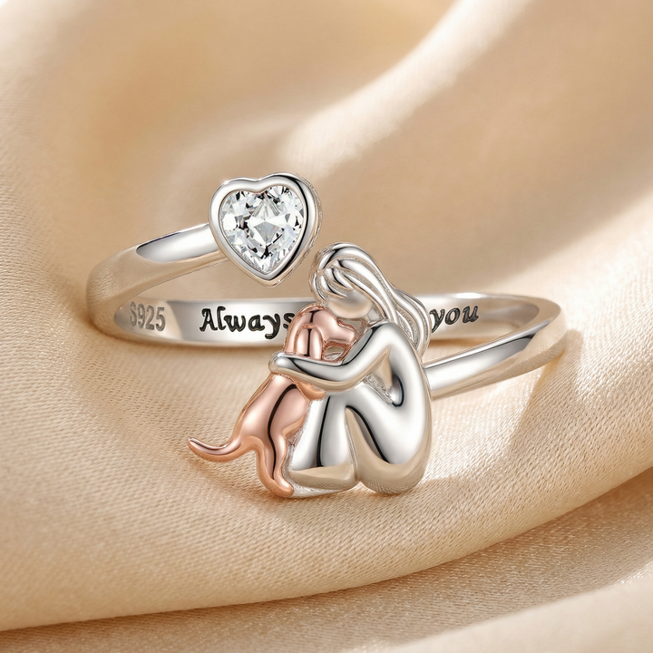 Adjustable Dog Ring in 925 Sterling Silver – “Always in My Heart” with Zirconia