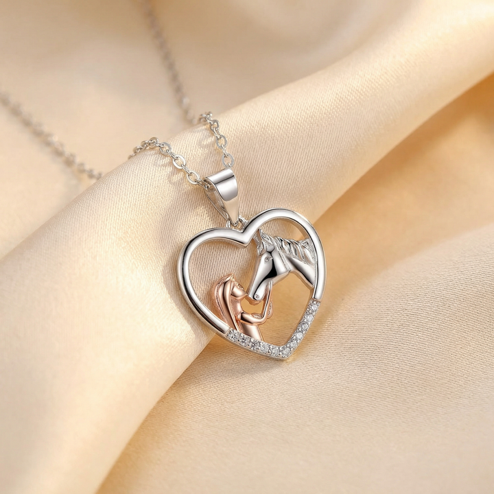 Beautiful Heart Zircon Girl and Horse Necklace