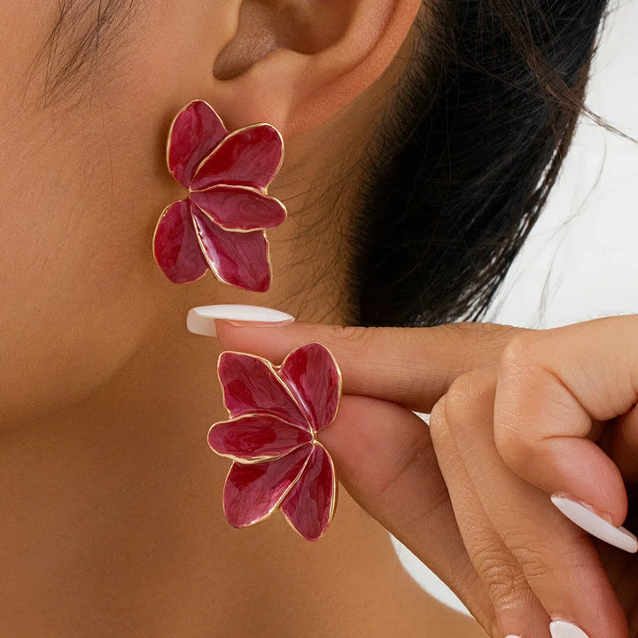 Elegant Red Enamel Petal Drop Earrings