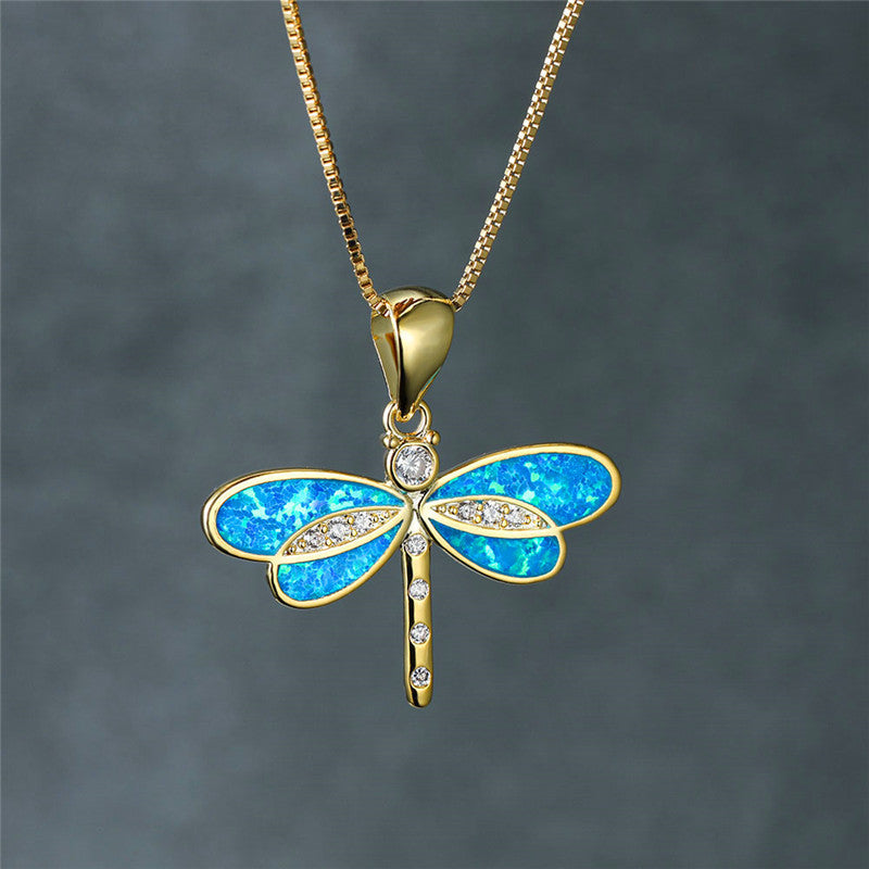 Gold Dragonfly Pendant Necklace with Opal Detail
