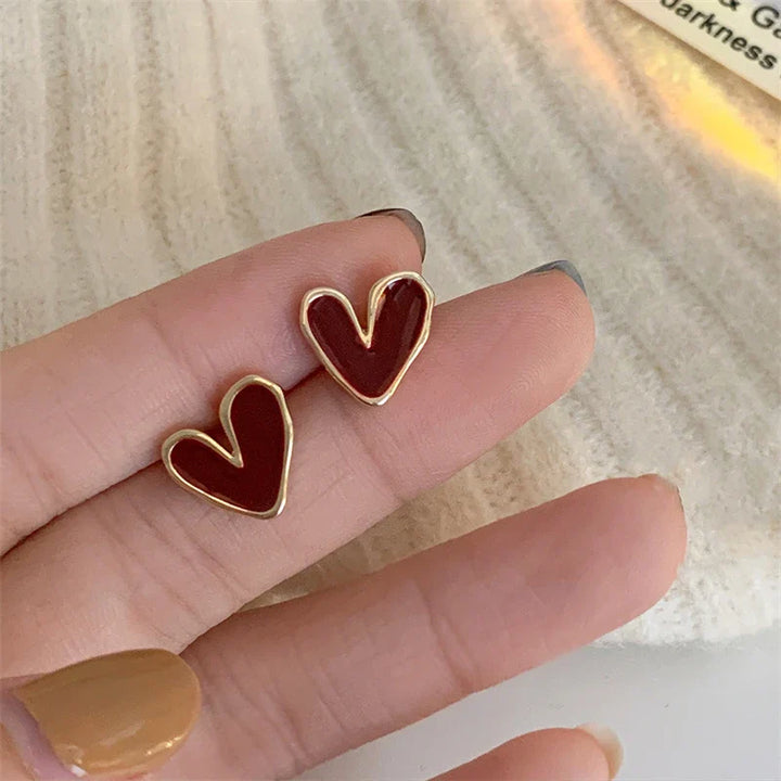 Elegant Wine Red Heart Enamel Stud Earrings