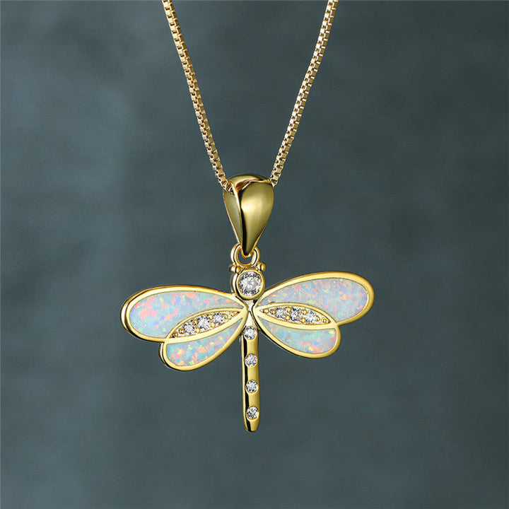Gold Dragonfly Pendant Necklace with Opal Detail