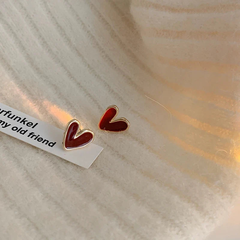 Elegant Wine Red Heart Enamel Stud Earrings