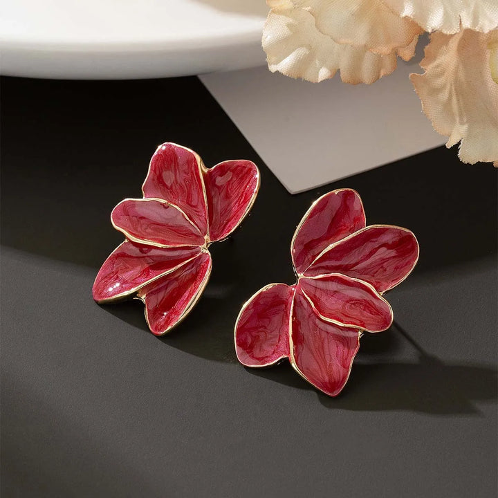 Elegant Red Enamel Petal Drop Earrings