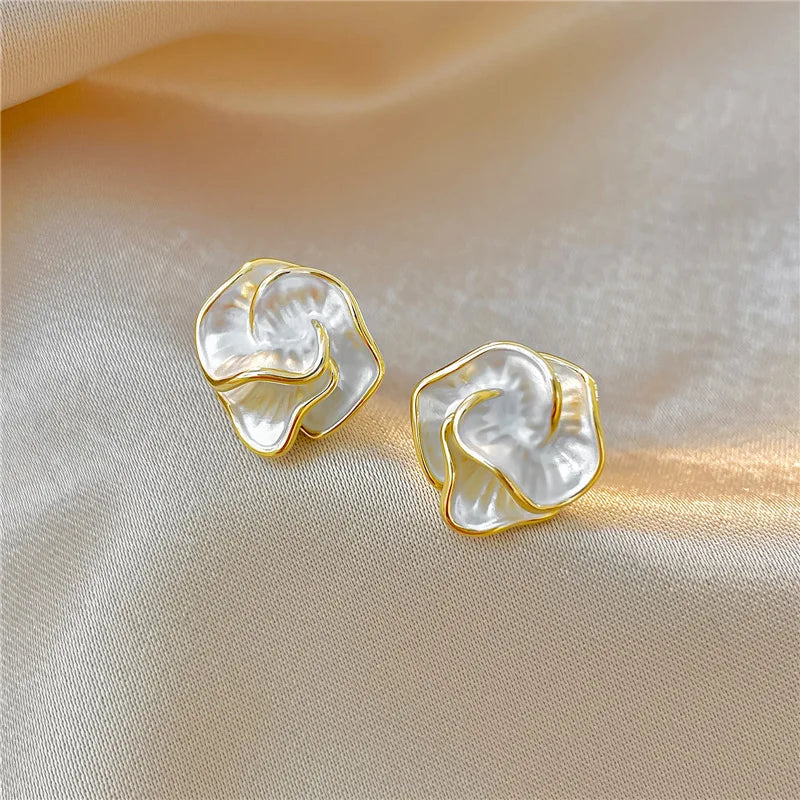 Elegant White Enamel Layered Flower Stud Earrings