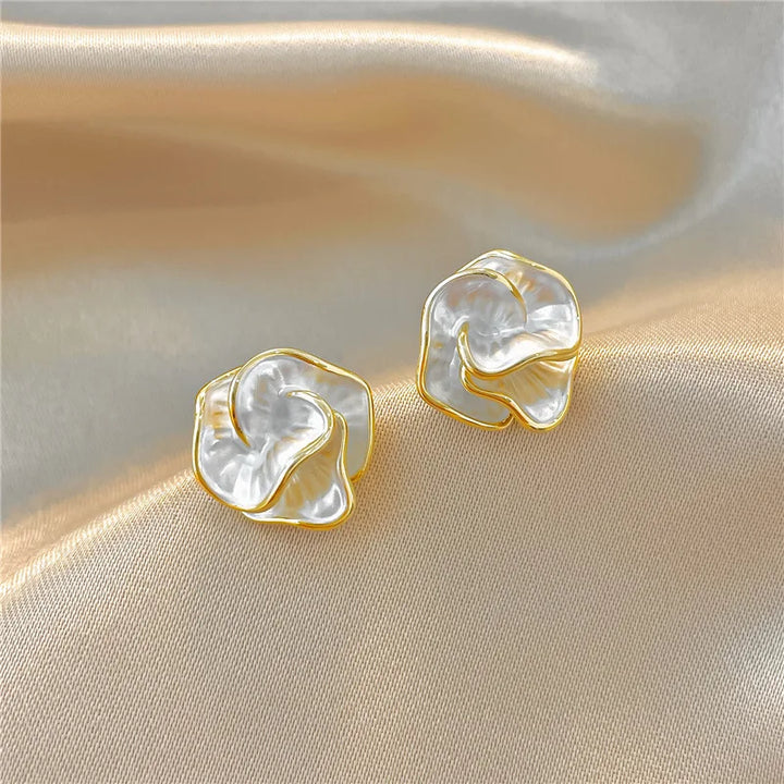 Elegant White Enamel Layered Flower Stud Earrings