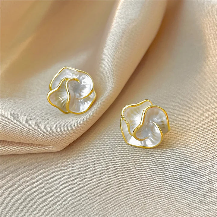 Elegant White Enamel Layered Flower Stud Earrings