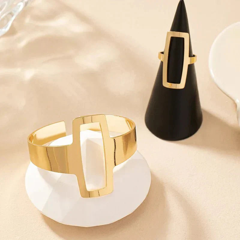 Adjustable Geometric Rectangle Bracelet and Ring Set